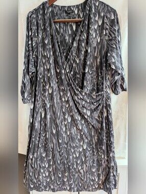 Talbots Gray and Black Abstract Print Faux Wrap Dress